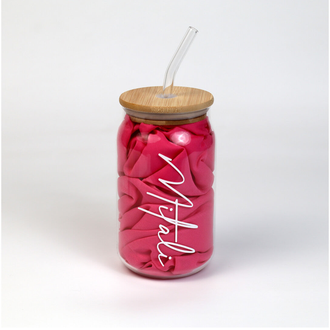 Personalised Glass Bottle with Straw & Wooden Lid